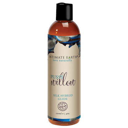 Bottle of Intimate Earth Pussy Willow Hybrid Silk Glide with a label showing organic licorice root and the brand's logo.