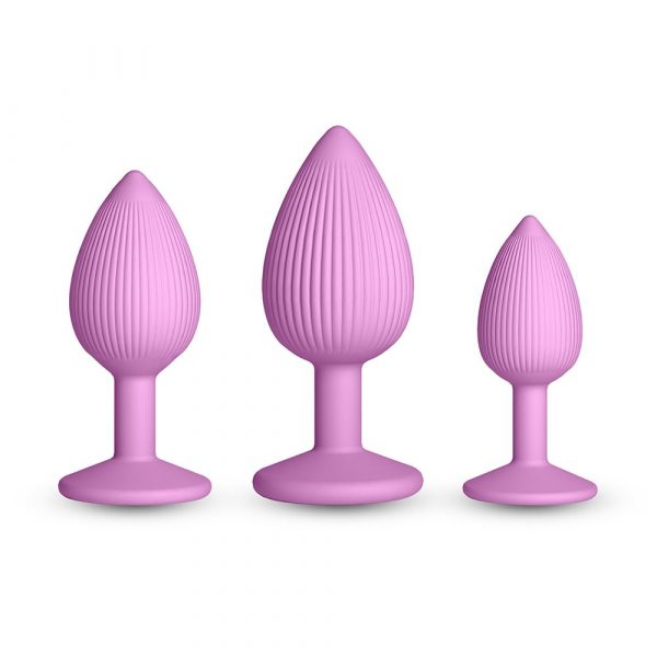 Textured silicone plug set with suction cup base in three graduated sizes