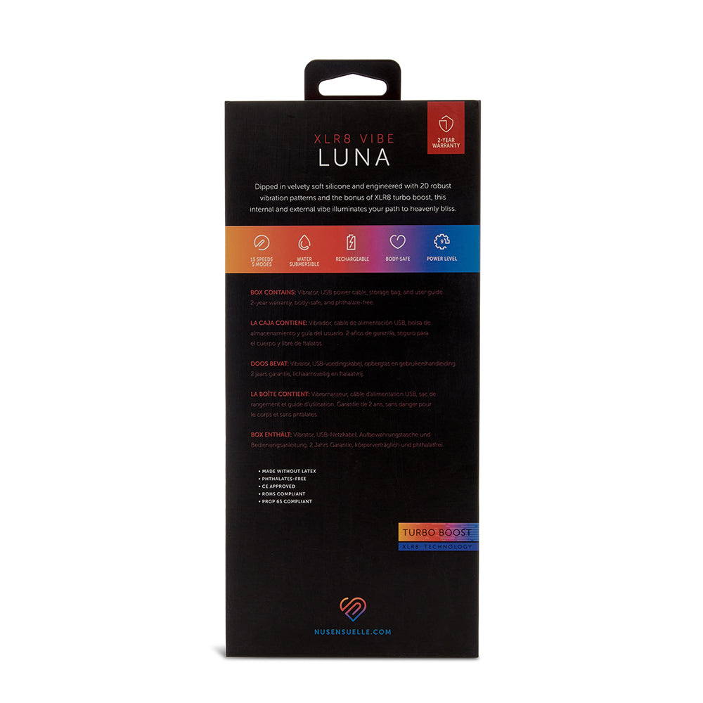 Nü Sensuelle Luna Velvet Touch Vibe – angled liquid silicone G-spot vibrator in teal with turbo boost button