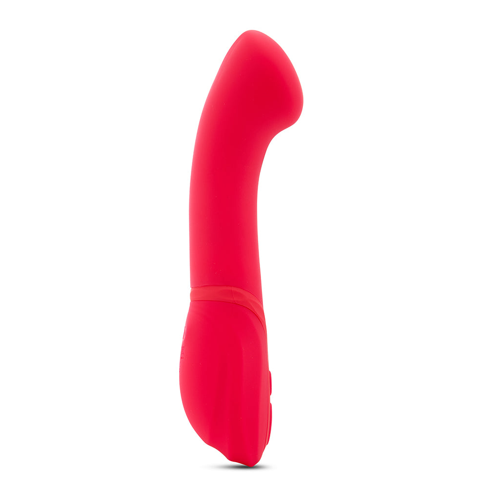 Nü Sensuelle Luna Velvet Touch Vibe – angled liquid silicone G-spot vibrator in teal with turbo boost button