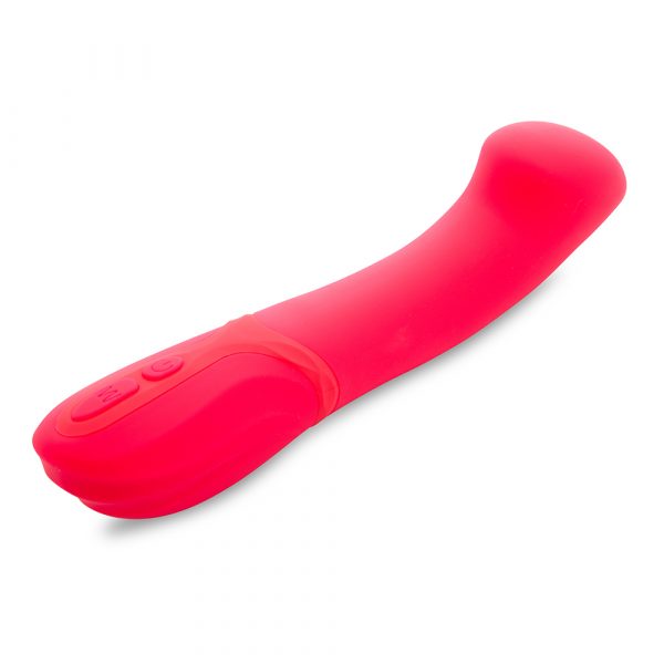 Nü Sensuelle Luna Velvet Touch Vibe – angled liquid silicone G-spot vibrator in teal with turbo boost button