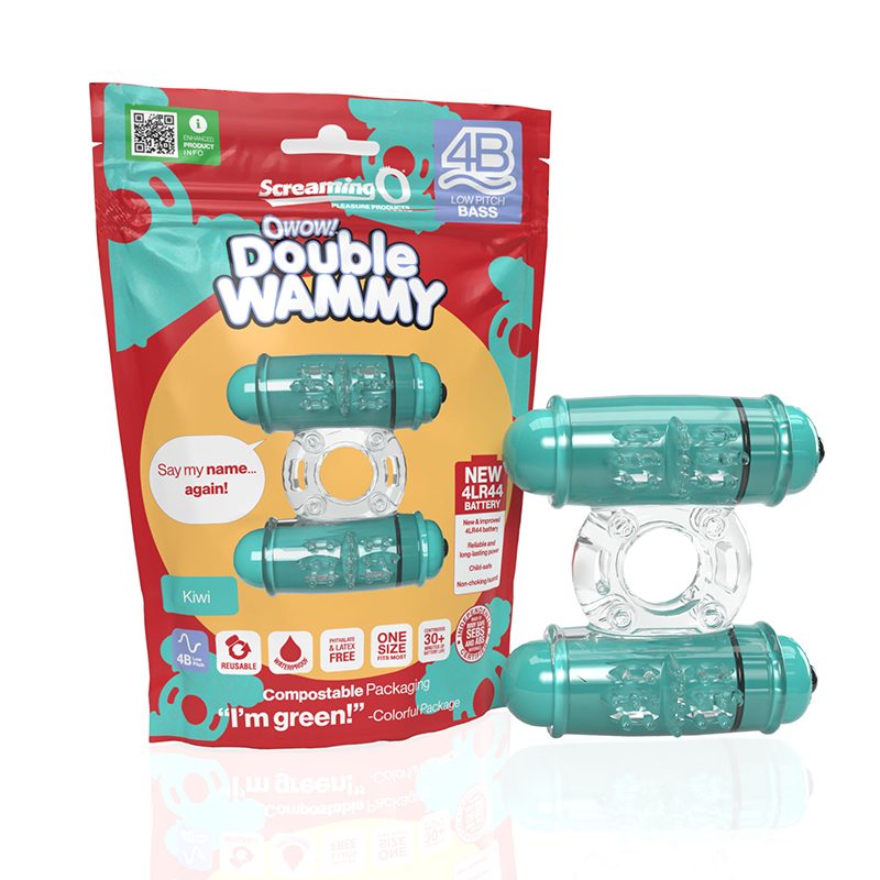 Screaming O 4B Double Wammy vibrating cock ring – clear stretchy ring with dual motors, waterproof and beginner-friendly couples toy.