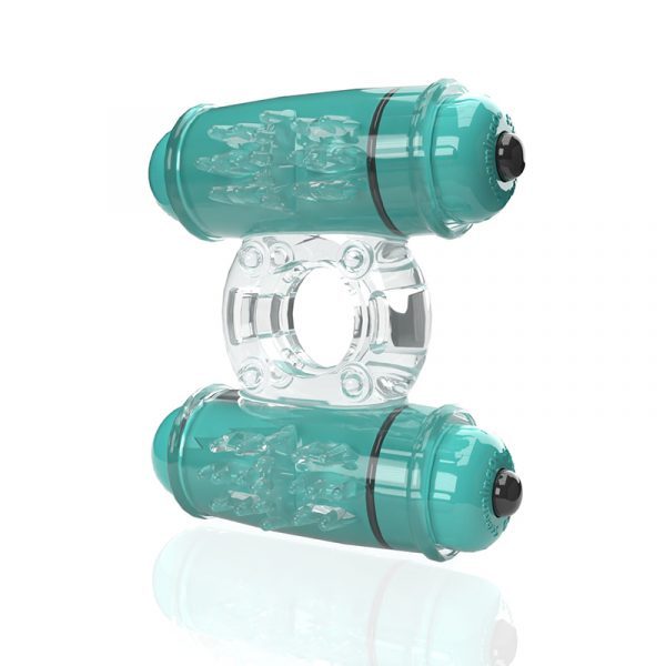 Screaming O 4B Double Wammy vibrating cock ring – clear stretchy ring with dual motors, waterproof and beginner-friendly couples toy.