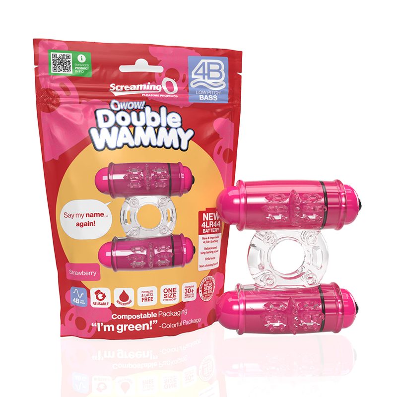 Screaming O 4B Double Wammy vibrating cock ring – clear stretchy ring with dual motors, waterproof and beginner-friendly couples toy.