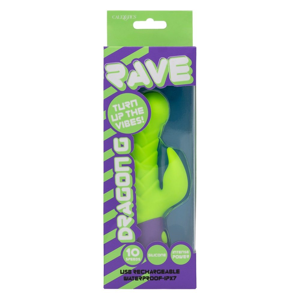 California Exotics Rave Dragon G waterproof silicone dual vibrator with rippled shaft and flickering teaser