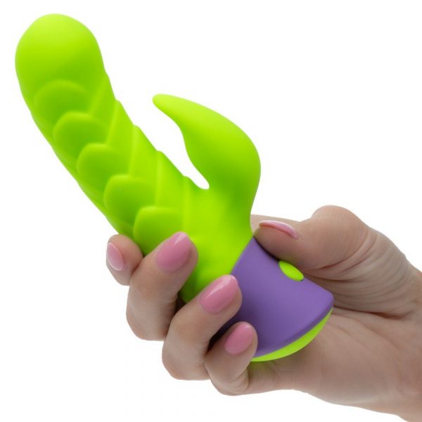 California Exotics Rave Dragon G waterproof silicone dual vibrator with rippled shaft and flickering teaser