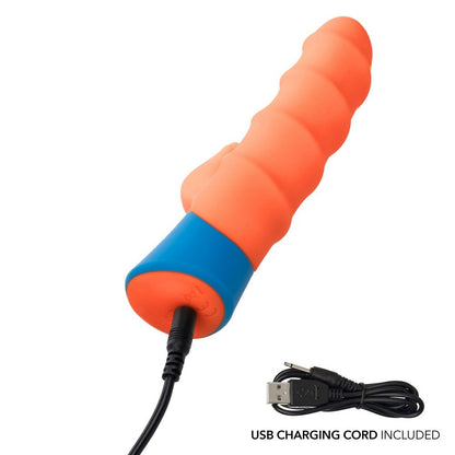 California Exotics Rave Tickler waterproof silicone dual vibrator with swirled shaft and triple ticklers