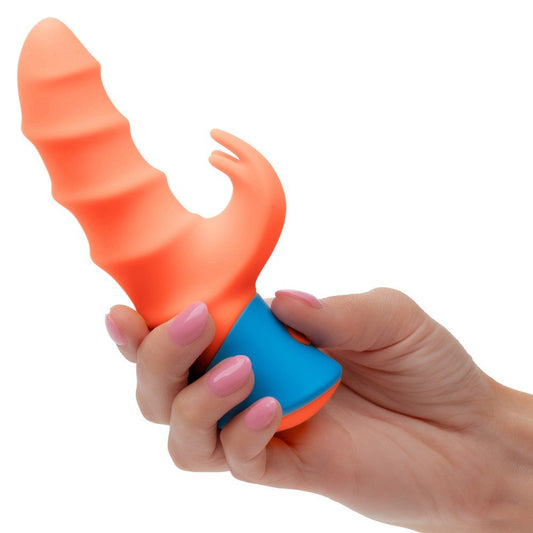California Exotics Rave Tickler waterproof silicone dual vibrator with swirled shaft and triple ticklers