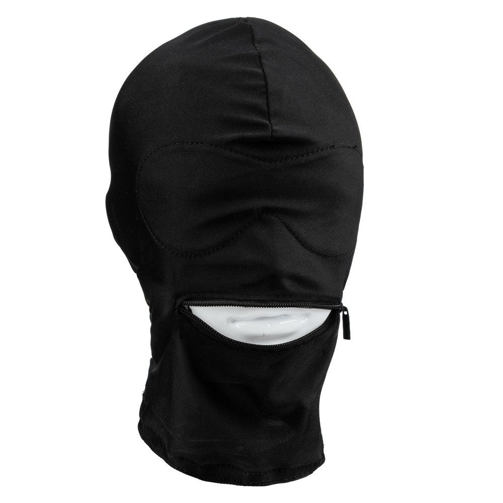 CalExotics Nocturnal Collection Fetish Hood with built-in blindfold and zippered mouth, breathable fabric for sensory play