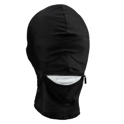 CalExotics Nocturnal Collection Fetish Hood with built-in blindfold and zippered mouth, breathable fabric for sensory play