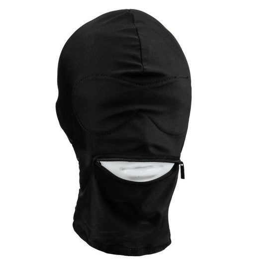 CalExotics Nocturnal Collection Fetish Hood with built-in blindfold and zippered mouth, breathable fabric for sensory play