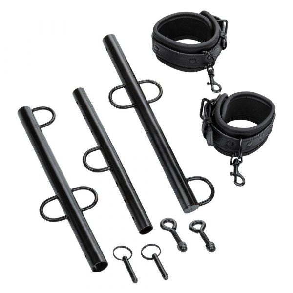 CalExotics Nocturnal Collection Spreader Bar with adjustable length, detachable ankle cuffs, and swivel D-rings for stylish BDSM restraint play