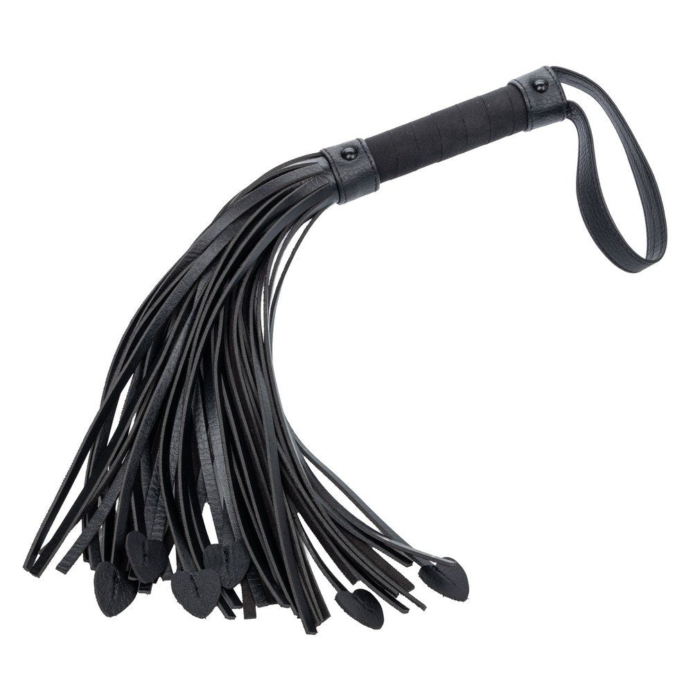 Black leather flogger on a white background