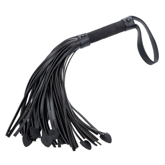 Black leather flogger on a white background