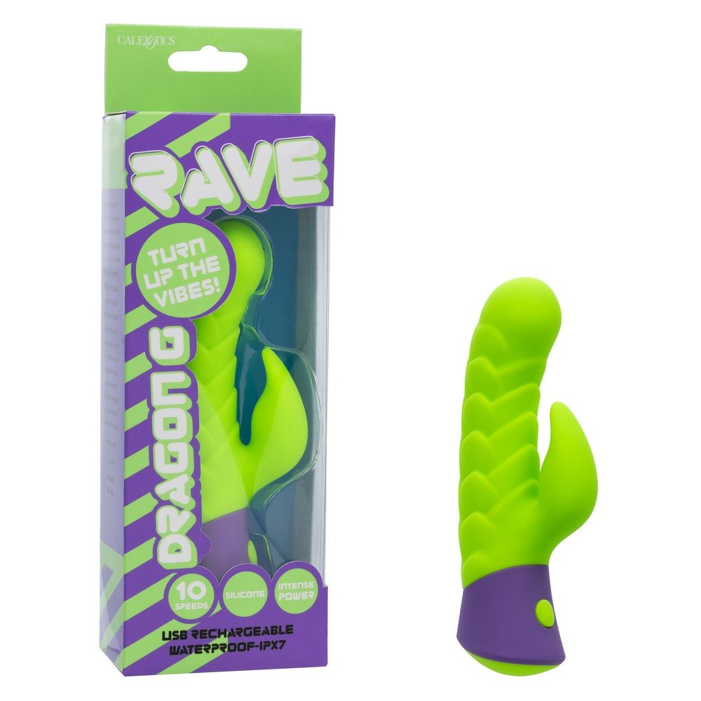 California Exotics Rave Dragon G waterproof silicone dual vibrator with rippled shaft and flickering teaser