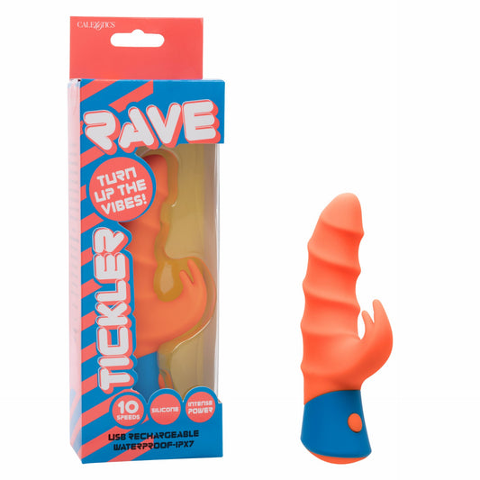 California Exotics Rave Tickler waterproof silicone dual vibrator with swirled shaft and triple ticklers
