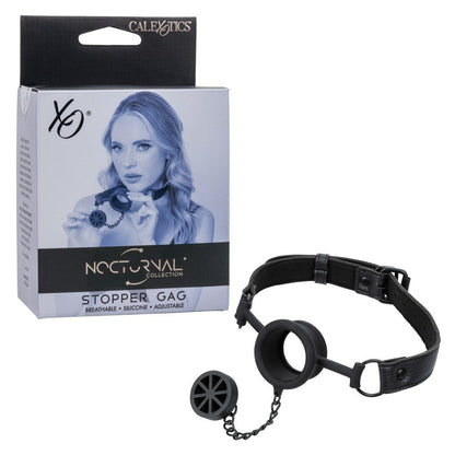 CalExotics Nocturnal Collection Stopper Gag with silicone mouthpiece, adjustable strap, and double-stitched design for open or closed mouth bondage play