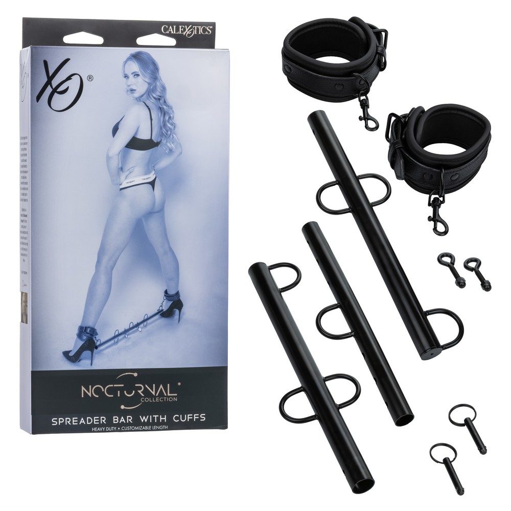 CalExotics Nocturnal Collection Spreader Bar with adjustable length, detachable ankle cuffs, and swivel D-rings for stylish BDSM restraint play