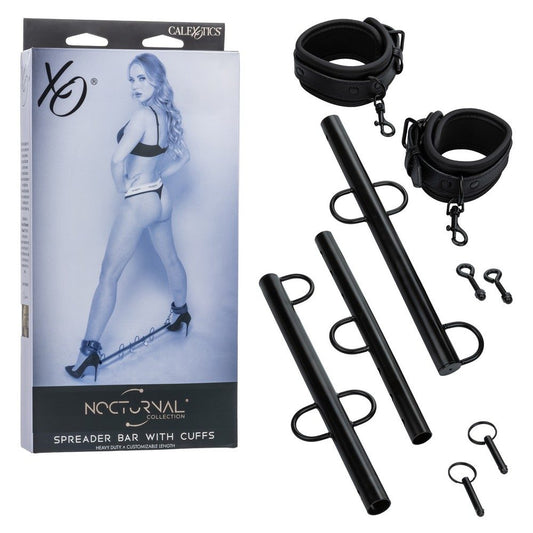 CalExotics Nocturnal Collection Spreader Bar with adjustable length, detachable ankle cuffs, and swivel D-rings for stylish BDSM restraint play