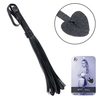 Black heart-shaped flogger with a close-up of the head and packaging on a white background
