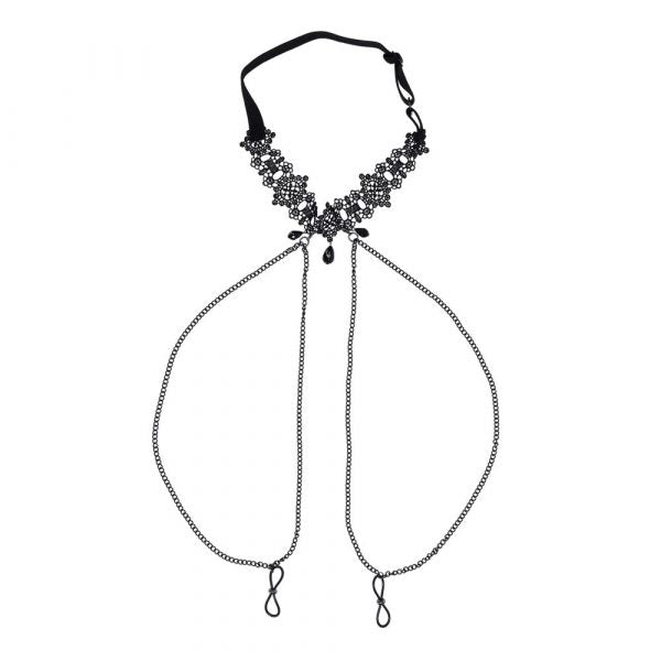 Sportsheets lace collar with nipple ties, detachable chains, and gemstone accents