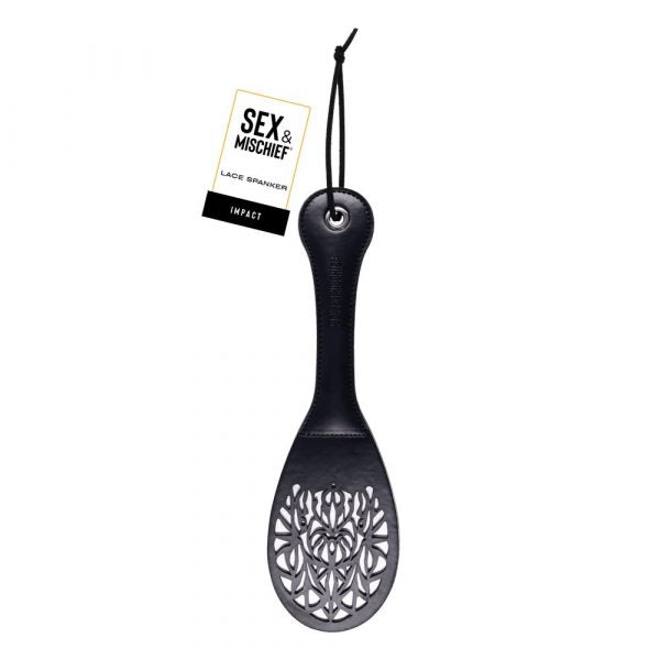 Sportsheets lace cutout faux leather paddle with split-tip design and wrist strap