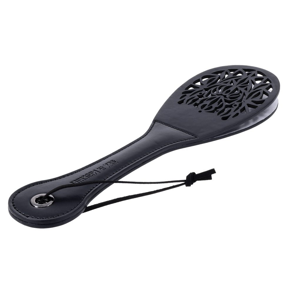 Sportsheets lace cutout faux leather paddle with split-tip design and wrist strap