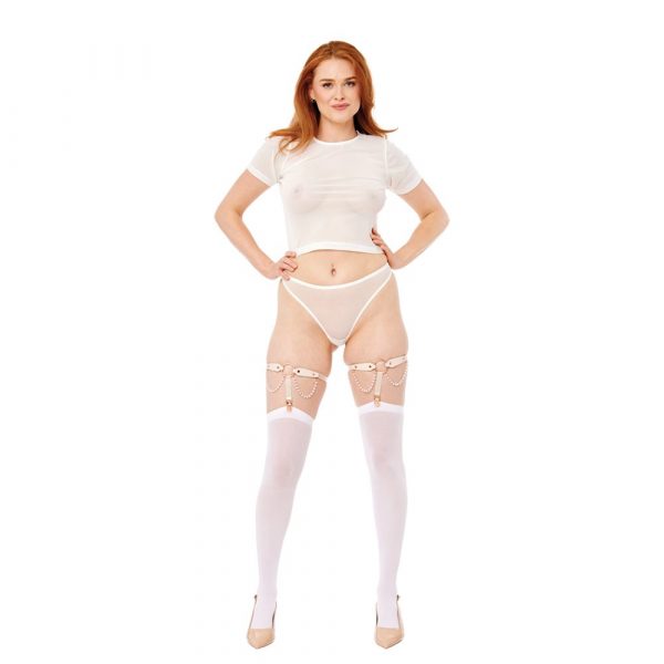 Sportsheets Peaches ’n CreaMe pearl garters with faux leather straps and adjustable clips