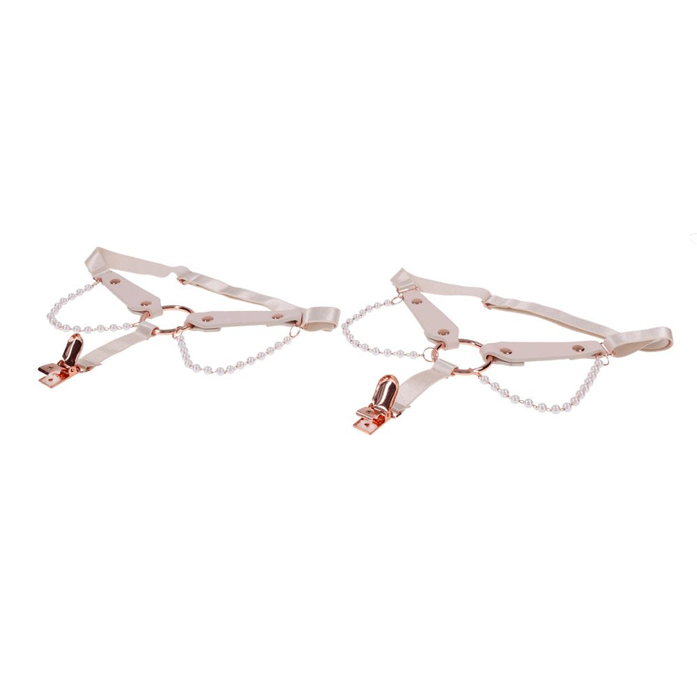 Sportsheets Peaches ’n CreaMe pearl garters with faux leather straps and adjustable clips