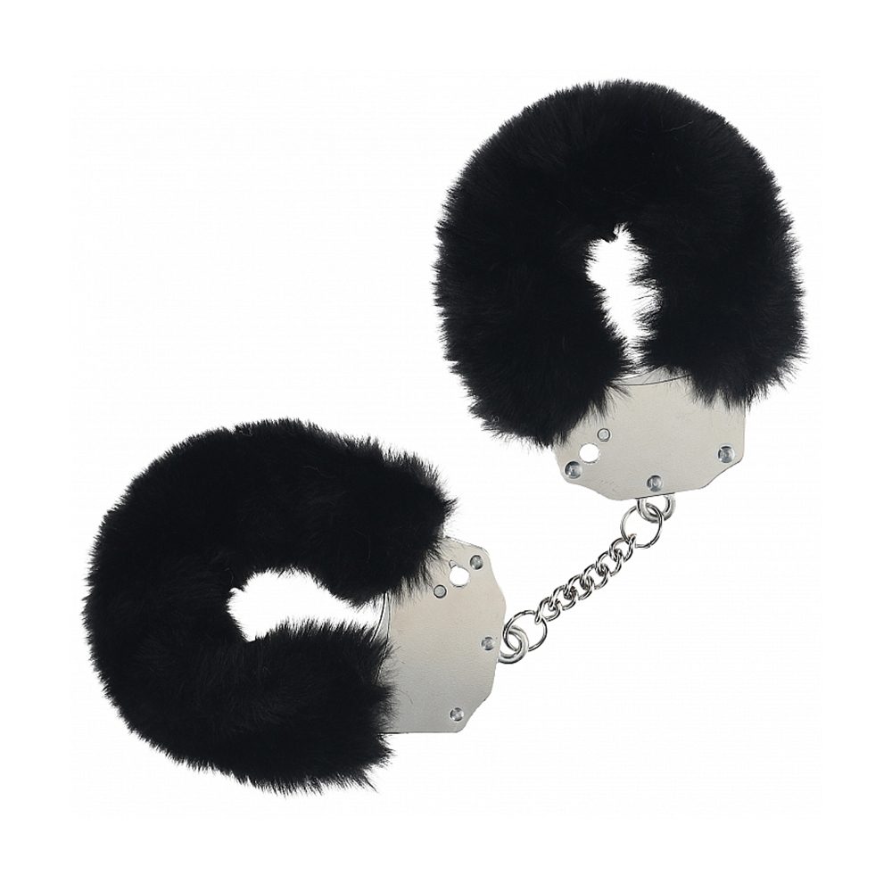 Fluffy metal handcuffs with soft faux fur and keys for bondage play