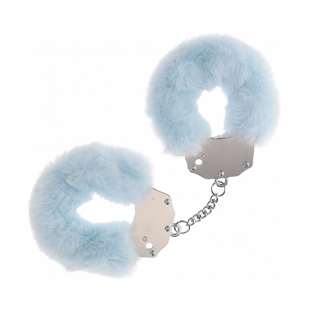 Pair of light blue fluffy handcuffs on a white background