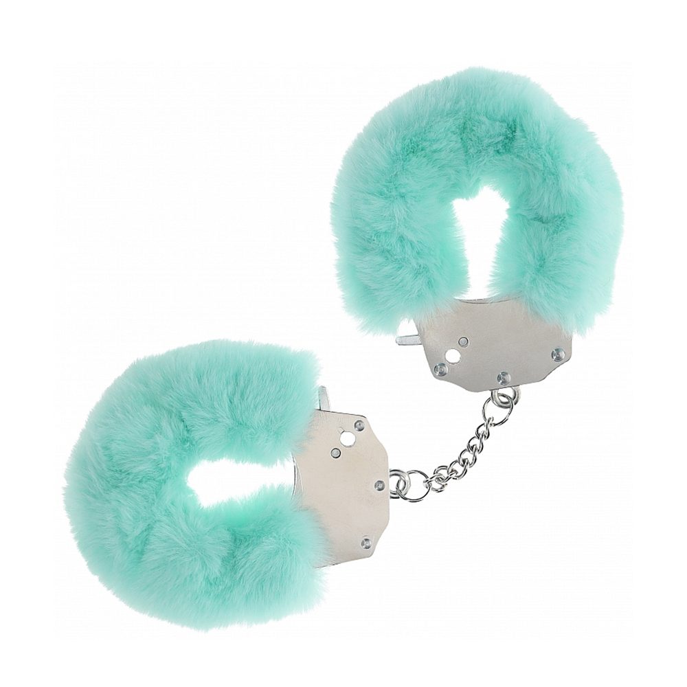 Fluffy metal handcuffs with soft faux fur and keys for bondage play
