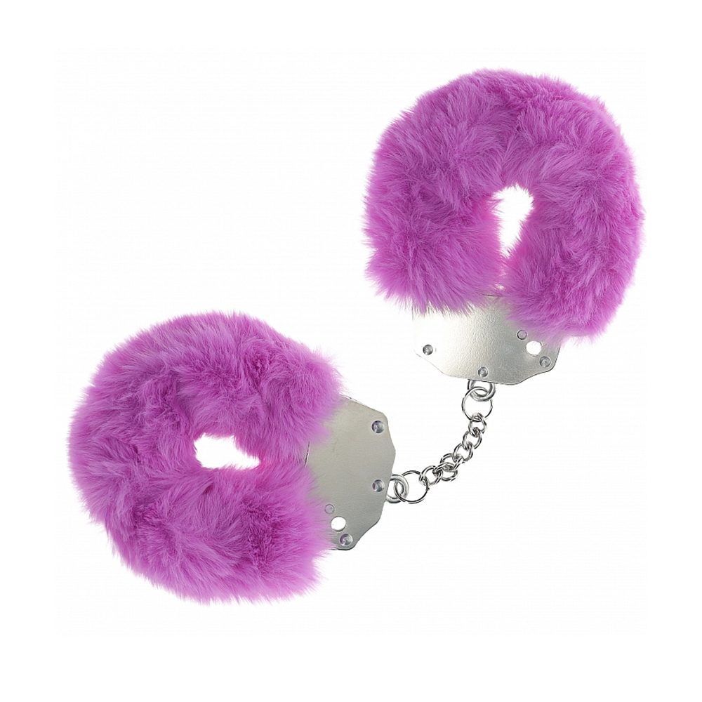 Fluffy metal handcuffs with soft faux fur and keys for bondage play