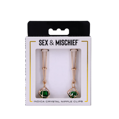 Sportsheets Indica Crystal Nipple Clips with green crystal and gold-tone hardware