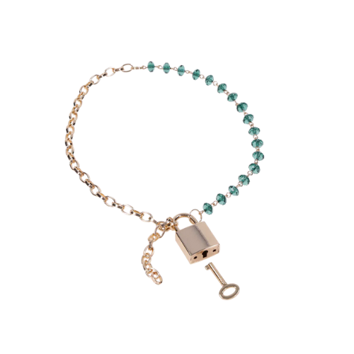 Sportsheets Indica crystal day collar with green gems, gold chain, and lock