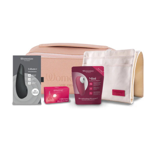 Womanizer Enhance Essentials Bundle with Enhance Black, Mini, cosmetic pouch, bedside caddy, and Cliterary Devices Kit