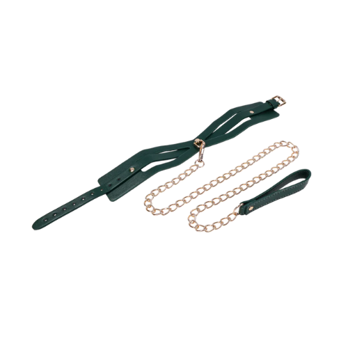 Sportsheets Indica Cutout Collar and Leash – emerald green adjustable collar with gold hardware