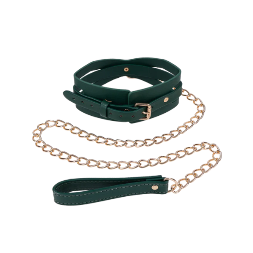Sportsheets Indica Cutout Collar and Leash – emerald green adjustable collar with gold hardware
