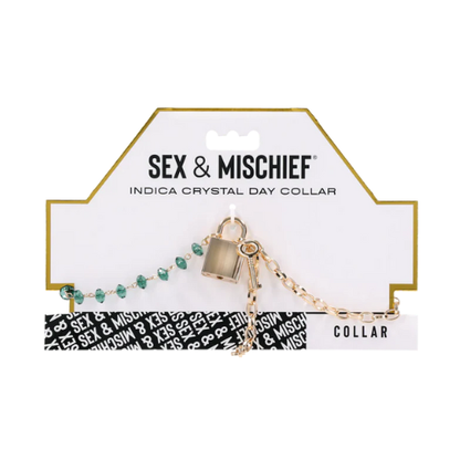Sportsheets Indica crystal day collar with green gems, gold chain, and lock
