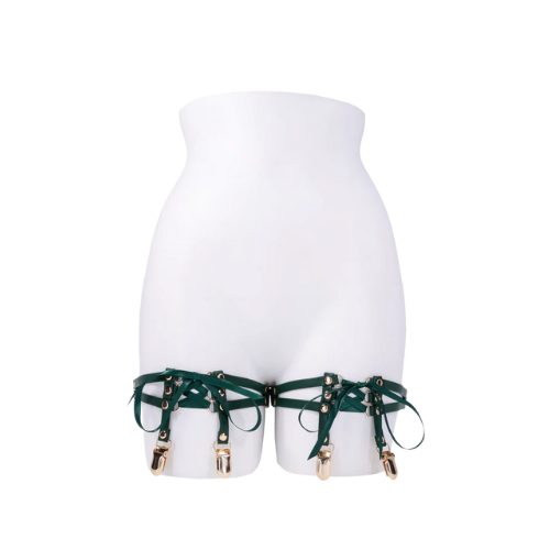 
Sportsheets Indica laced up garters in emerald faux leather with satin lacing