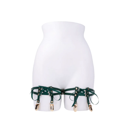 
Sportsheets Indica laced up garters in emerald faux leather with satin lacing