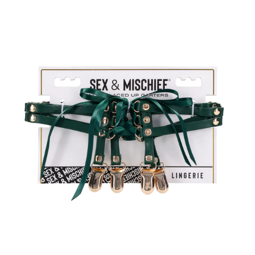 
Sportsheets Indica laced up garters in emerald faux leather with satin lacing