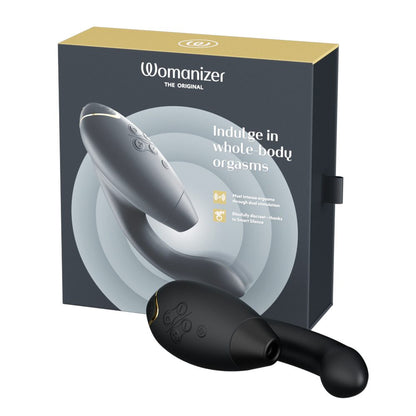 Womanizer DUO 2 dual-stim rabbit vibrator in deep rose—curved G-spot arm and Pleasure Air clitoral stimulator with two interchangeable heads.