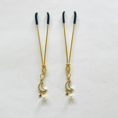 Gold nipple clamps with crescent moon, star charm, and pearl drop – PurpleNight.ca