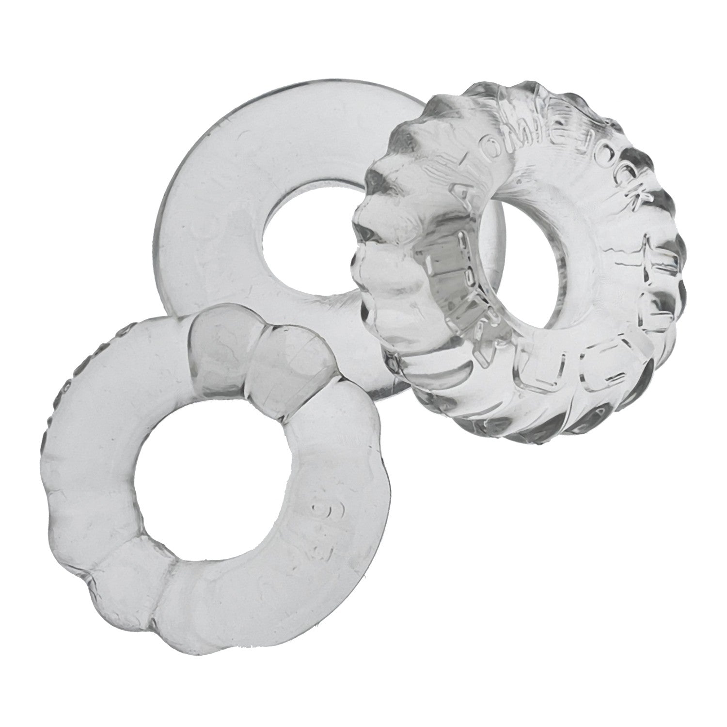 Three Oxballs Bonemaker cock rings in assorted textures and sizes