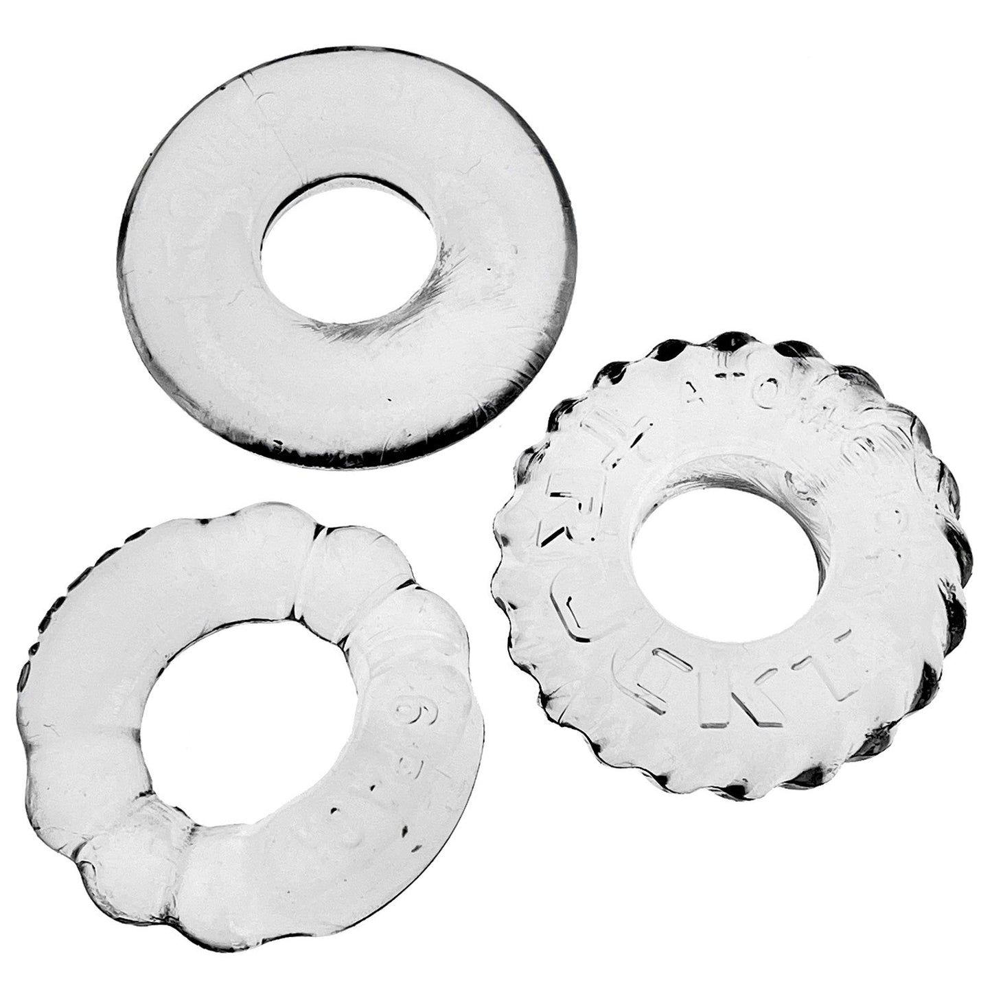 Three Oxballs Bonemaker cock rings in assorted textures and sizes
