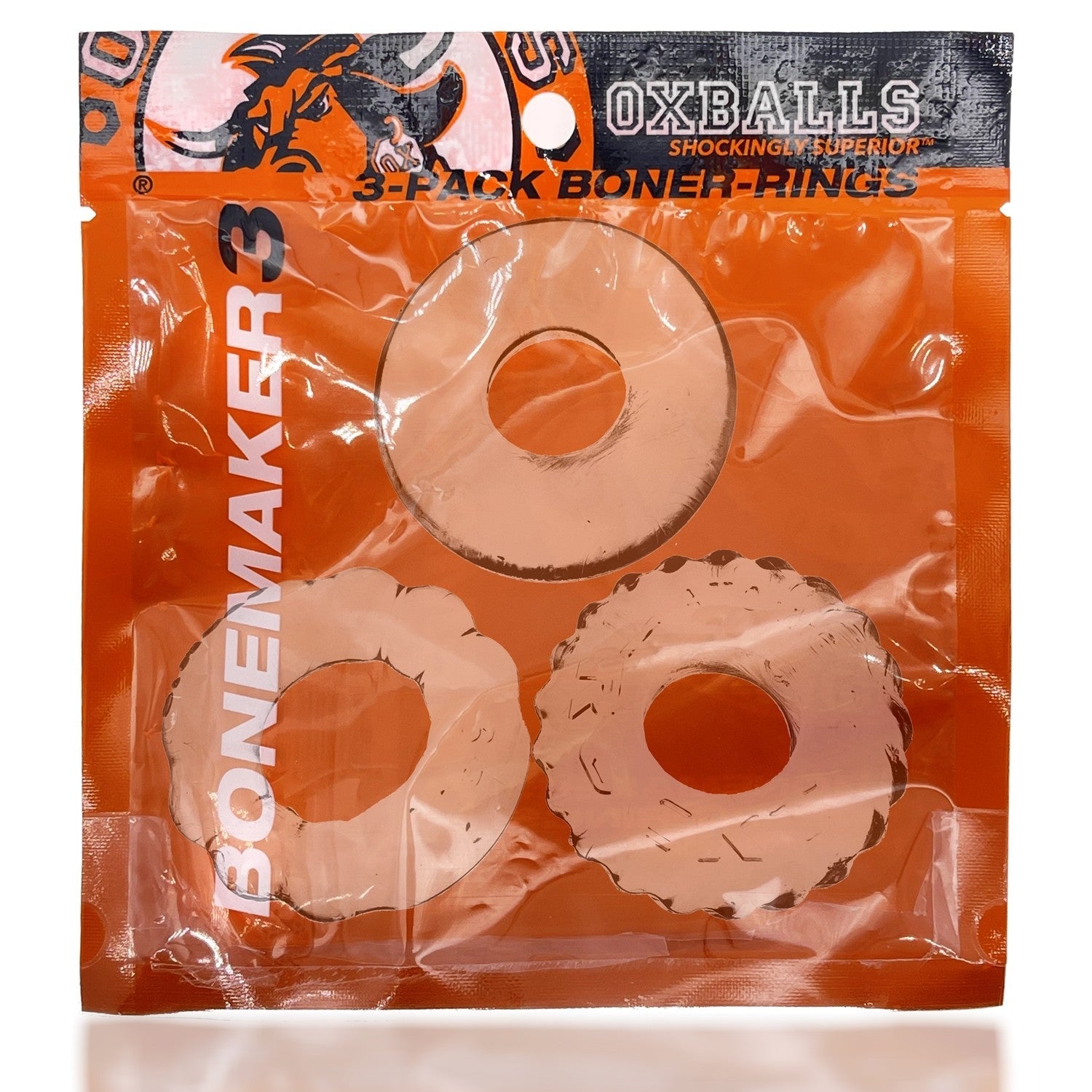 Three Oxballs Bonemaker cock rings in assorted textures and sizes