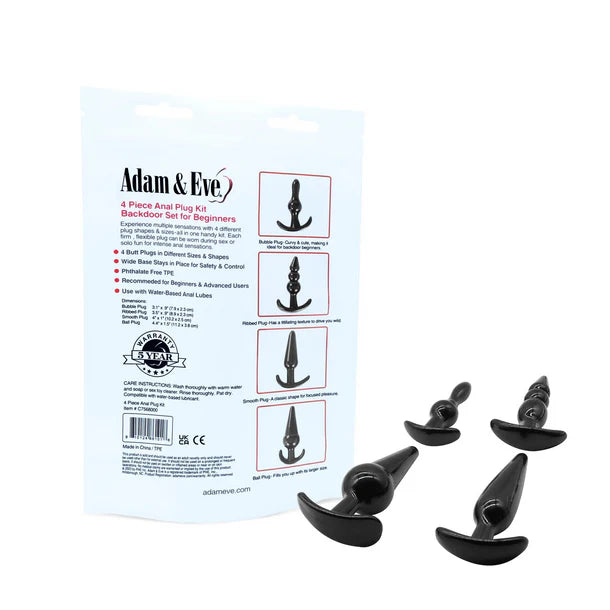 Adam and Eve 4 piece anal plug kit beginner training set multiple sizes black TPE plugs