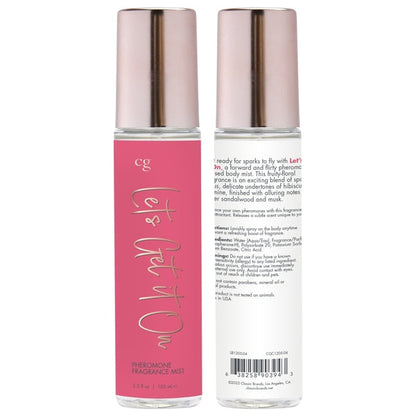 Bottle and packaging of CG Let's Get It On Pheromone Fragrance Mist – fruity-floral scent with pheromones for enhanced attraction.