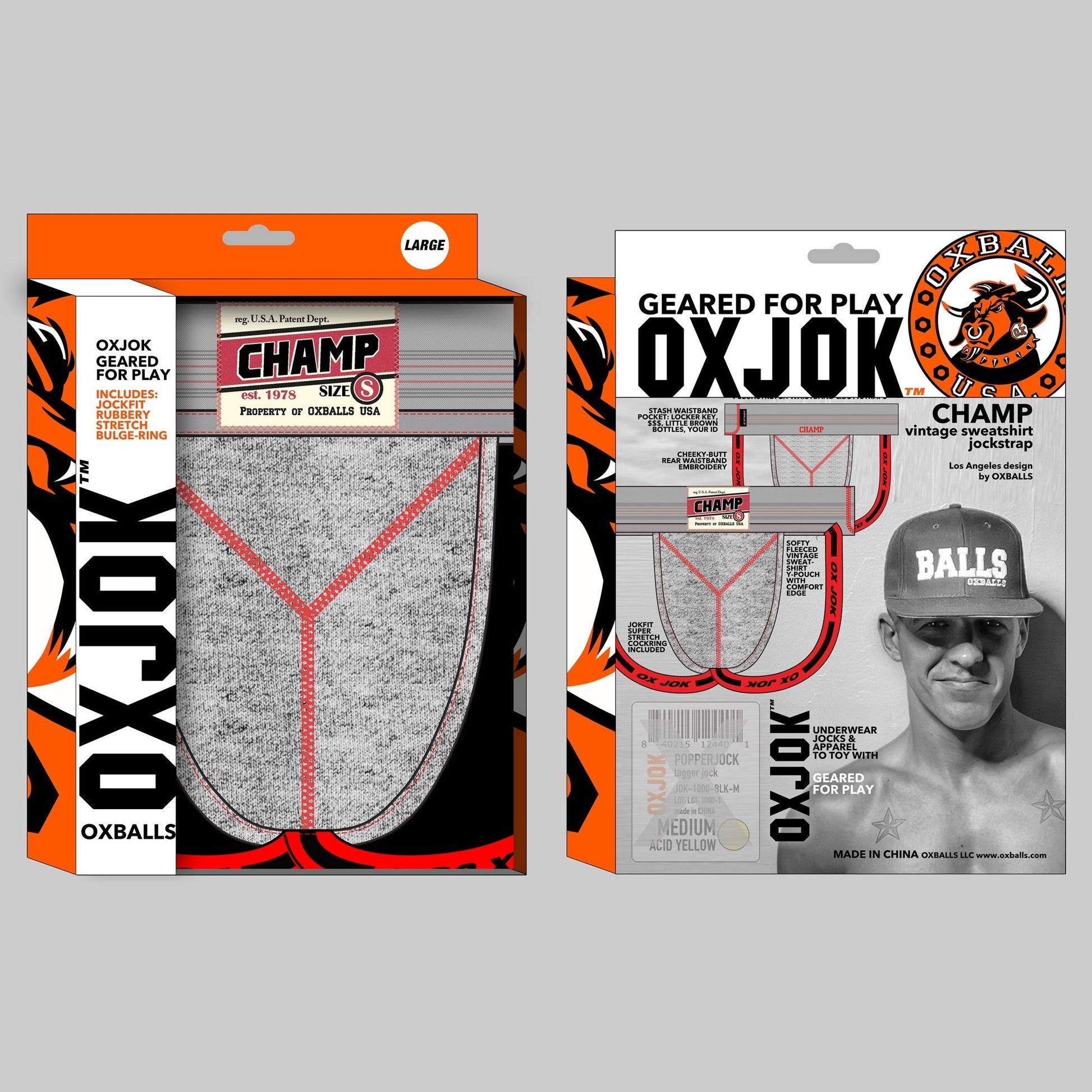 Oxballs Oxjok Champ Vintage Jockstrap with fleece pouch, striped waistband, and cockring 